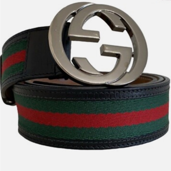 Gucci Green Red Canvas Leather Interlocking G Buckle Belt - Picture 1 of 9